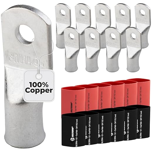 1/0 AWG (0 Gauge) 1/4" Stud, Tinned Copper Battery Cable Ends, Wire Lugs, Marine Grade, MD1014P