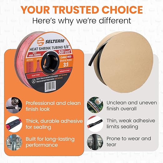 SELTERM 5/8" Red [50 Feet] Marine Grade Heat Shrink Tubing Roll, 3:1 Ratio Dual Wall Adhesive Lined Waterproof Heat Shrink Wrap Tube, for Battery Cable Lugs Wire Terminals Connectors