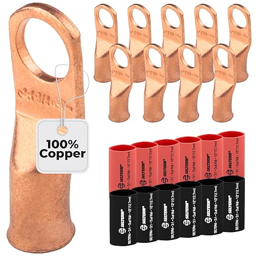 4 AWG (4 Gauge) 3/8" Stud, Bare Copper Battery Cable Ends, Wire Lugs, Heavy Duty, MD0438U