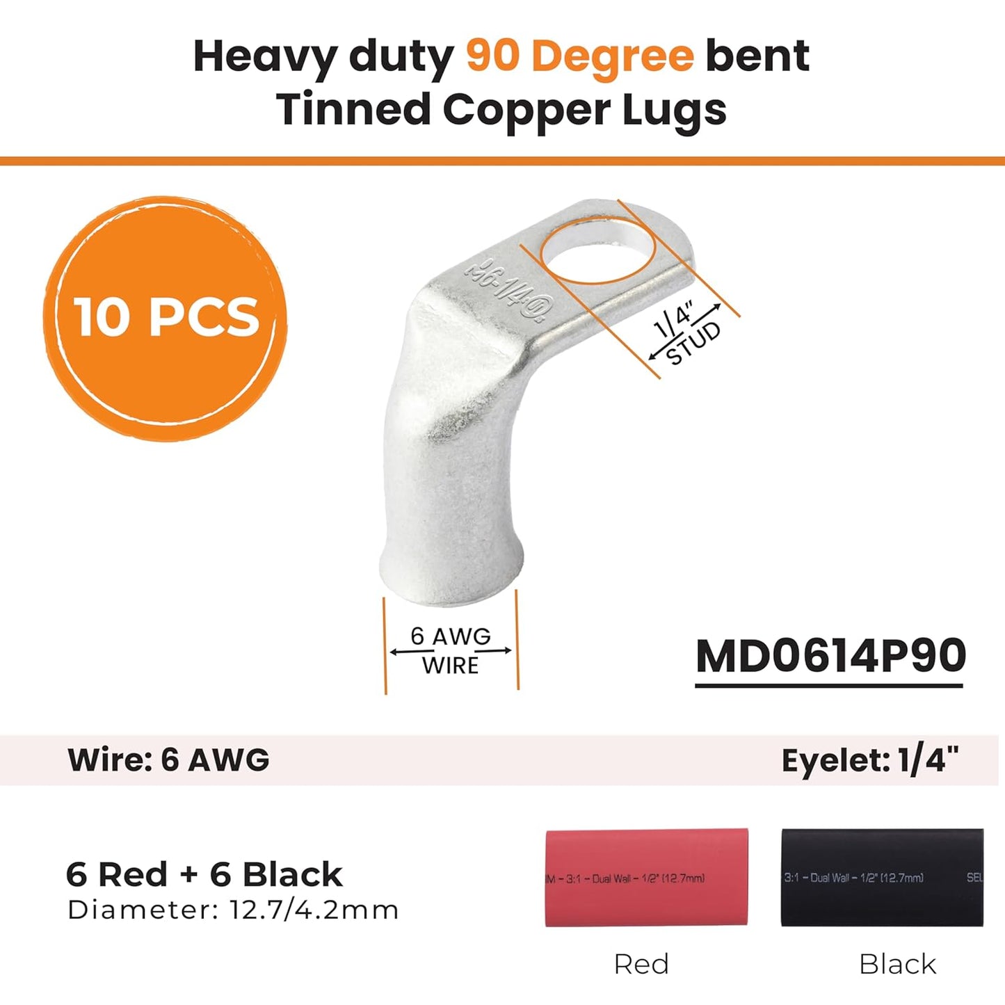 6 AWG 1/4" Stud - 90 Degree Bent Battery Lugs - 10pcs - Ring Terminal Connectors with 12pcs 3:1 Black & Red 1/2" Heat Shrink Tubing | Heavy Duty Battery Cable Ends - Tinned Copper Wire Connector Kit
