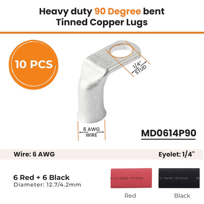 6 AWG 1/4" Stud - 90 Degree Bent Battery Lugs - 10pcs - Ring Terminal Connectors with 12pcs 3:1 Black & Red 1/2" Heat Shrink Tubing | Heavy Duty Battery Cable Ends - Tinned Copper Wire Connector Kit