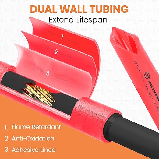 SELTERM 1/2" Red [50 Feet] Marine Grade Heat Shrink Tubing Roll, 3:1 Ratio Dual Wall Adhesive Lined Waterproof Heat Shrink Wrap Tube, for Battery Cable Lugs Wire Terminals Connectors