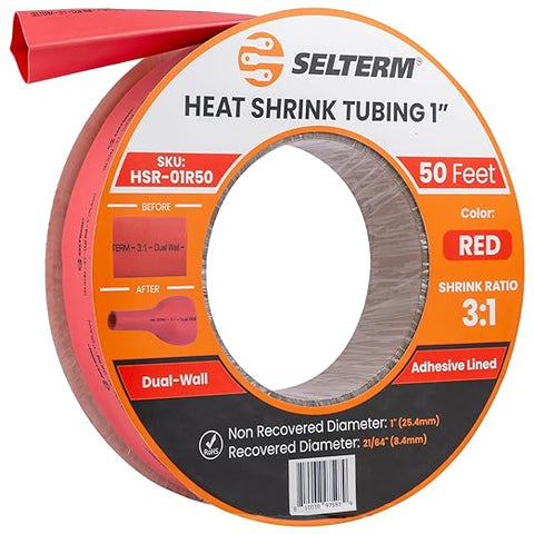 SELTERM 1" Red [50 Feet] Marine Grade Heat Shrink Tubing Roll, 3:1 Ratio Dual Wall Adhesive Lined Waterproof Heat Shrink Wrap Tube, for Battery Cable Lugs Wire Terminals Connectors