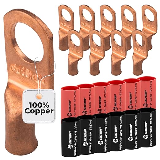 8 AWG (8 Gauge) 3/8" Stud, Bare Copper Battery Cable Ends, Wire Lugs, Heavy Duty, MD0838UW