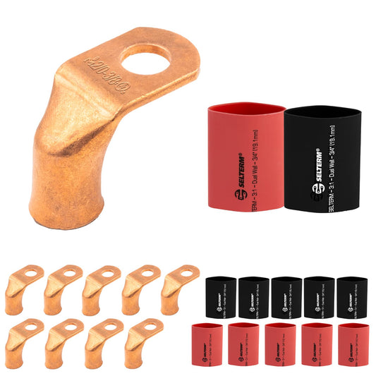 2/0 AWG 3/8" Stud 90 Degree Bent Battery Lugs - 10pcs - Ring Terminal Connectors with 12pcs 3:1 Black & Red 3/4" Heat Shrink Tubing - Heavy Duty Battery Cable Ends - Bare Copper Wire Connectors Kit