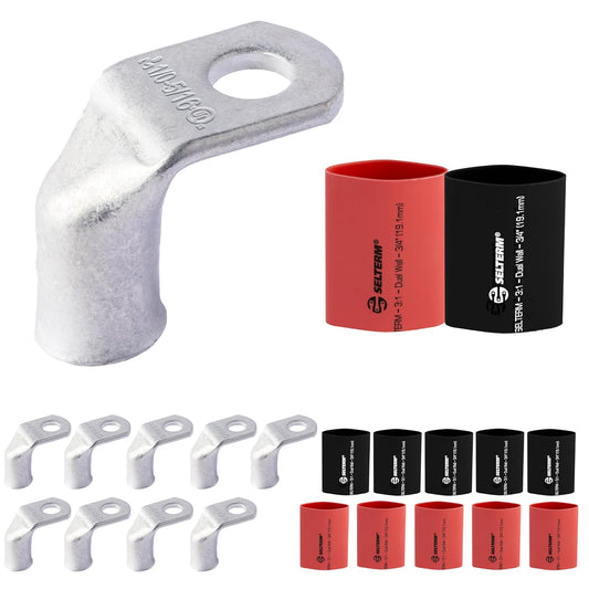 1/0 AWG 5/16" Stud 90 Degree Bent Battery Lugs - 10pcs - Ring Terminal Connectors with 12pcs 3:1 Black & Red 3/4" Heat Shrink Tubing - Heavy Duty Battery Cable Ends - Tinned Copper Wire Connector Kit