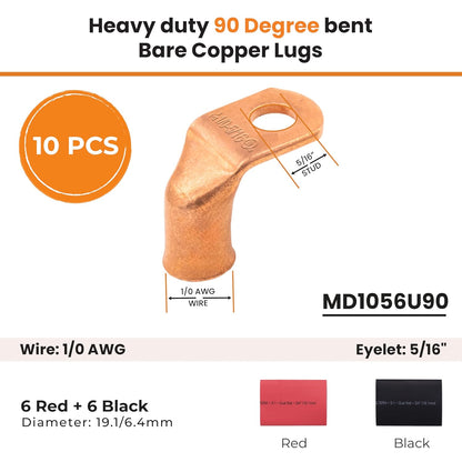 1/0 AWG 5/16" Stud 90 Degree Bent Battery Lugs - 10pcs - Ring Terminal Connectors with 12pcs 3:1 Black & Red 3/4" Heat Shrink Tubing - Heavy Duty Battery Cable Ends - Bare Copper Wire Connectors Kit