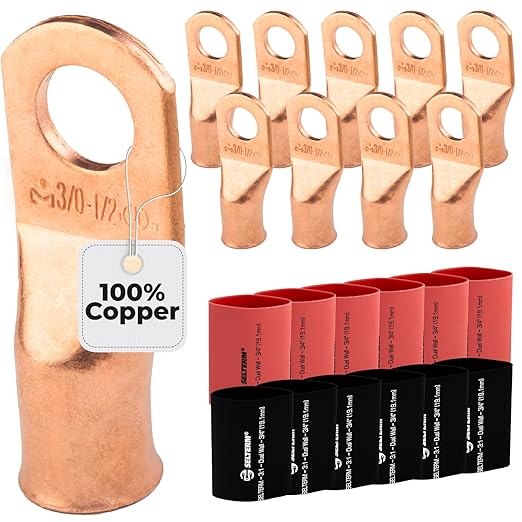3/0 AWG (000 Gauge) 1/2" Stud, Bare Copper Battery Cable Ends, Wire Lugs, Heavy Duty, MD3012U