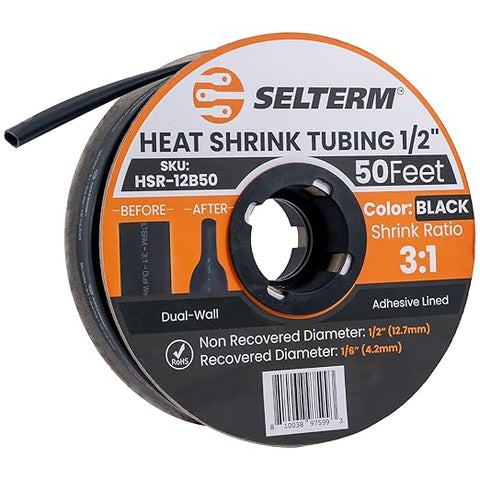 SELTERM 1/2" Black [50 Feet] Marine Grade Heat Shrink Tubing Roll, 3:1 Ratio Dual Wall Adhesive Lined Waterproof Heat Shrink Wrap Tube, for Battery Cable Lugs Wire Terminals Connectors