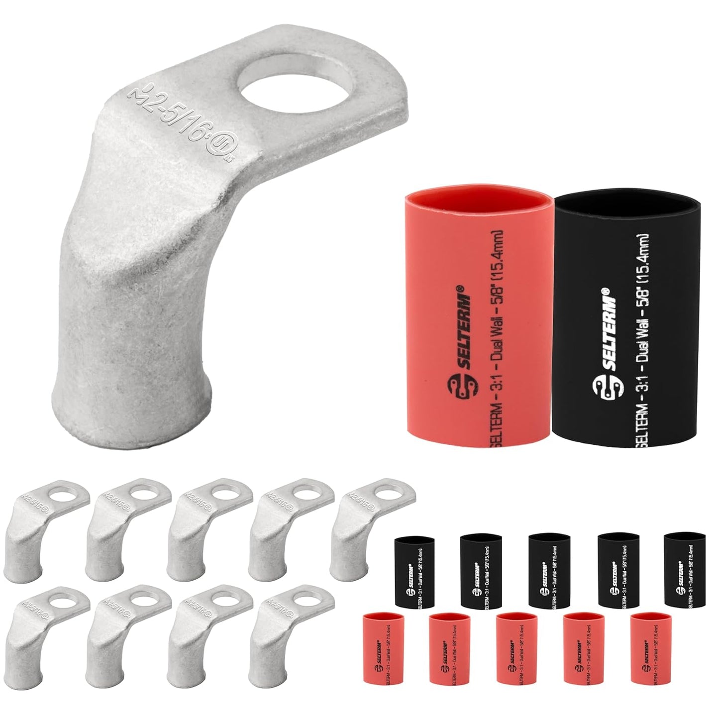 2 AWG 5/16" Stud 90 Degree Bent Battery Lugs - 10pcs - Ring Terminal Connectors with 12pcs 3:1 Black & Red 5/8" Heat Shrink Tubing - Heavy Duty Battery Cable Ends - Tinned Copper Wire Connector Kit