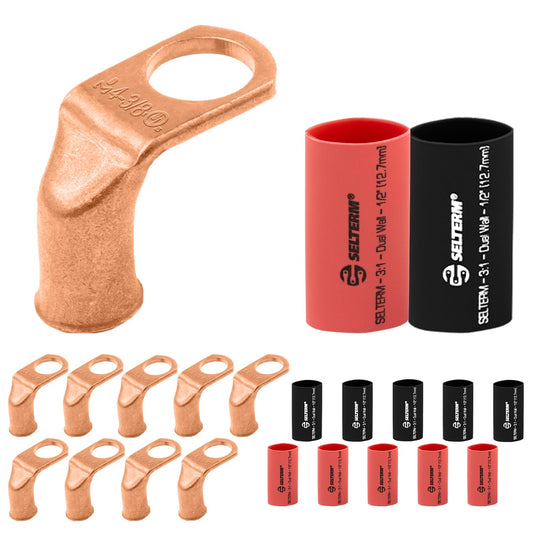 4 AWG 3/8" Stud - 90 Degree Bent Battery Lugs - 10pcs - Ring Terminal Connectors with 12pcs 3:1 Black & Red 1/2" Heat Shrink Tubing - Heavy Duty Battery Cable Ends - Bare Copper Wire Connectors Kit