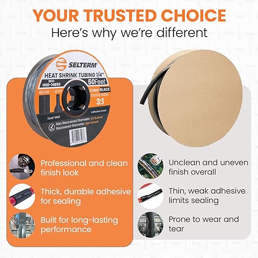 SELTERM 1/4" Black [50 Feet] Marine Grade Heat Shrink Tubing Roll, 3:1 Ratio Dual Wall Adhesive Lined Waterproof Heat Shrink Wrap Tube, for Battery Cable Lugs Wire Terminals Connectors