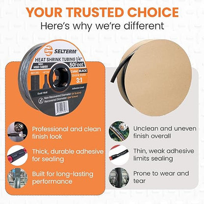 SELTERM 1/4" Black [50 Feet] Marine Grade Heat Shrink Tubing Roll, 3:1 Ratio Dual Wall Adhesive Lined Waterproof Heat Shrink Wrap Tube, for Battery Cable Lugs Wire Terminals Connectors