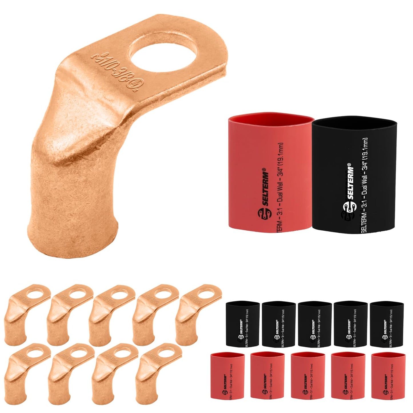 1/0 AWG 3/8" Stud 90 Degree Bent Battery Lugs - 10pcs - Ring Terminal Connectors with 12pcs 3:1 Black & Red 3/4" Heat Shrink Tubing - Heavy Duty Battery Cable Ends - Bare Copper Wire Connectors Kit