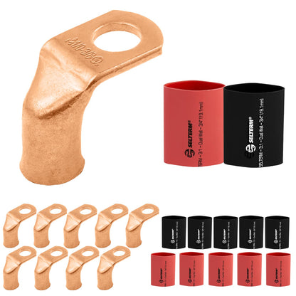 1/0 AWG 3/8" Stud 90 Degree Bent Battery Lugs - 10pcs - Ring Terminal Connectors with 12pcs 3:1 Black & Red 3/4" Heat Shrink Tubing - Heavy Duty Battery Cable Ends - Bare Copper Wire Connectors Kit