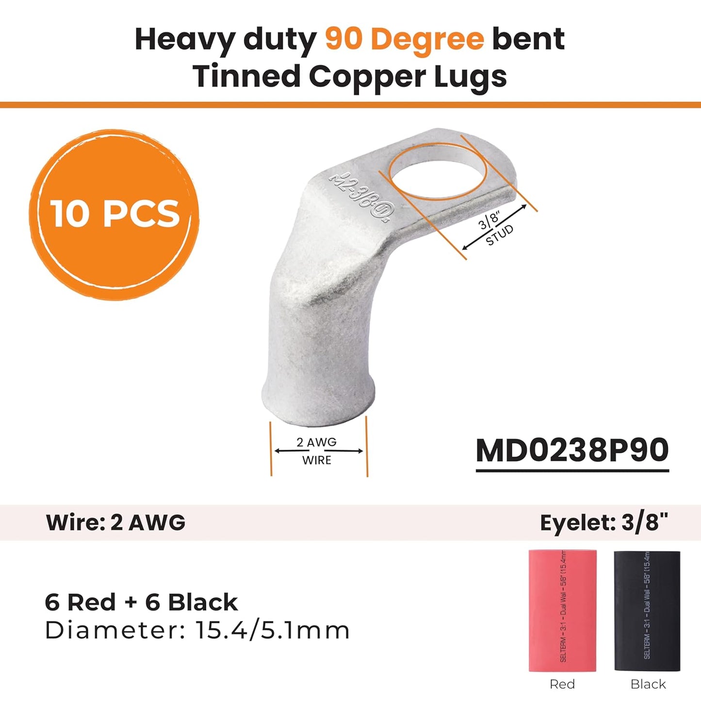 2 AWG 3/8" Stud - 90 Degree Bent Battery Lugs - 10pcs - Ring Terminal Connectors with 12pcs 3:1 Black & Red 5/8" Heat Shrink Tubing - Heavy Duty Battery Cable Ends - Tinned Copper Wire Connector Kit