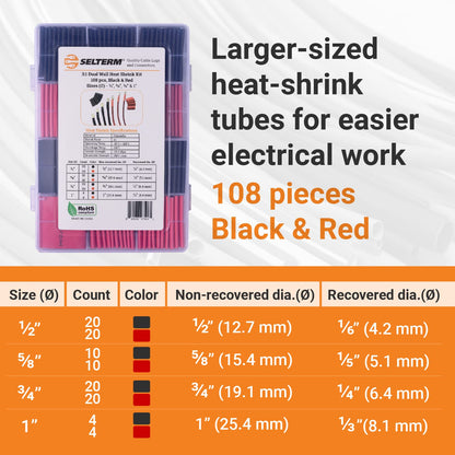 Heat Shrink Tubing Kit 1, 3/4, 1/2, 5/8 Inch Assortment, 3:1 Dual Wall Adhesive Lined - Black & Red [108 pcs]