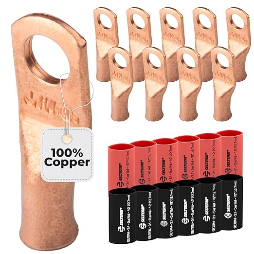 8 AWG (8 Gauge) 1/4" Stud, Bare Copper Battery Cable Ends, Wire Lugs, Heavy Duty, MD0814U