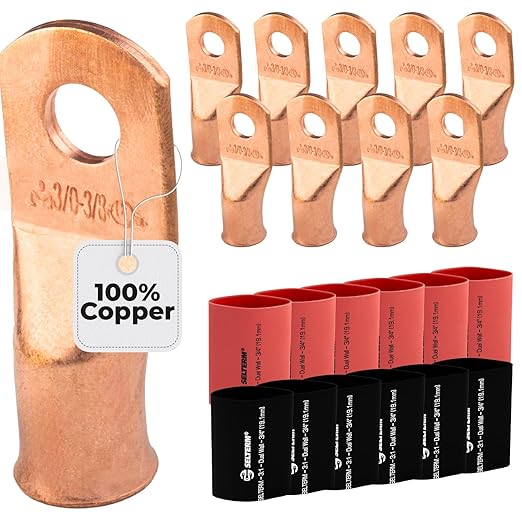 3/0 AWG (000 Gauge) 3/8" Stud, Bare Copper Battery Cable Ends, Wire Lugs, Heavy Duty, MD3038U