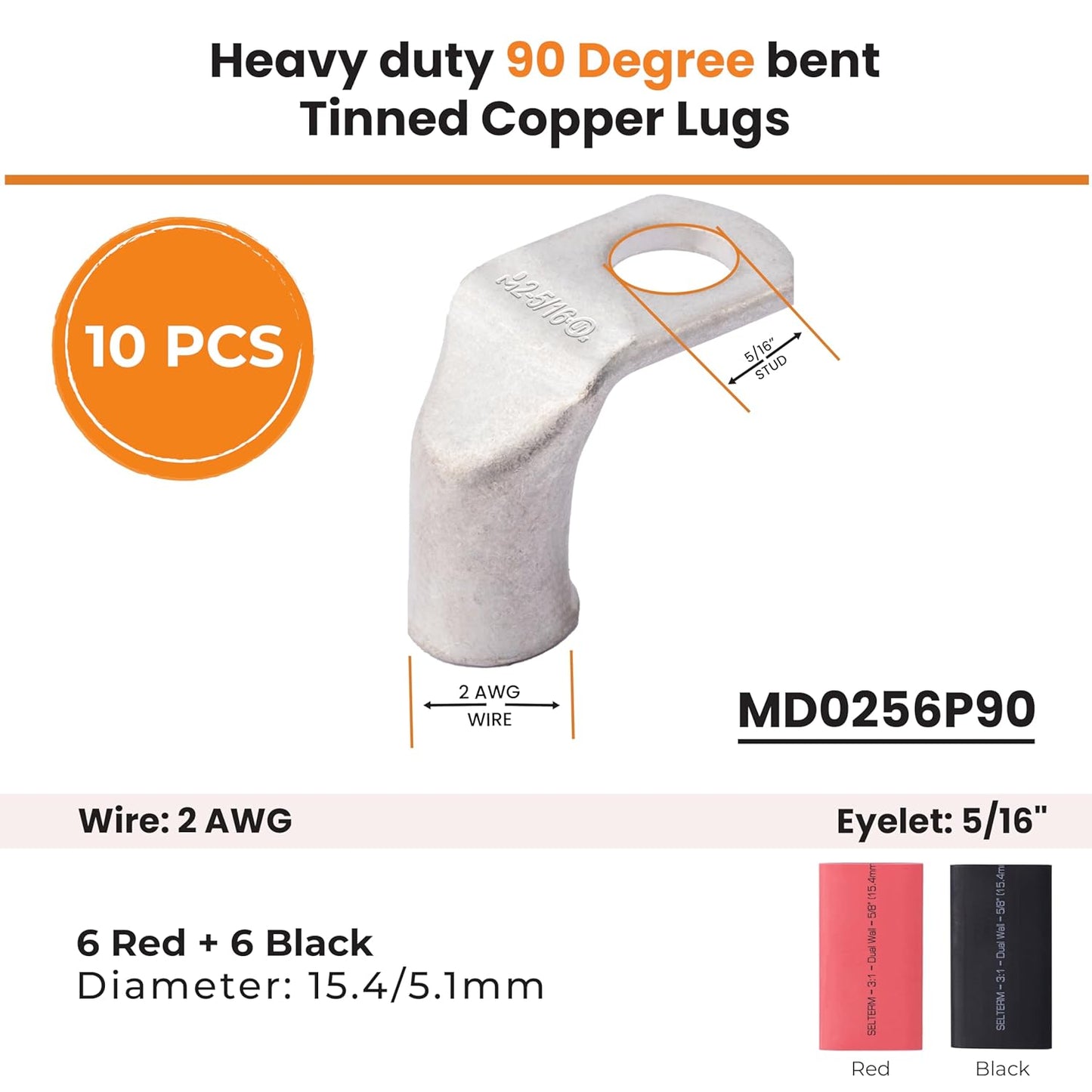 2 AWG 5/16" Stud 90 Degree Bent Battery Lugs - 10pcs - Ring Terminal Connectors with 12pcs 3:1 Black & Red 5/8" Heat Shrink Tubing - Heavy Duty Battery Cable Ends - Tinned Copper Wire Connector Kit