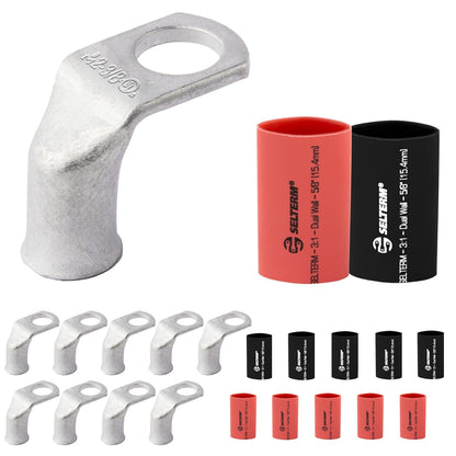 2 AWG 3/8" Stud - 90 Degree Bent Battery Lugs - 10pcs - Ring Terminal Connectors with 12pcs 3:1 Black & Red 5/8" Heat Shrink Tubing - Heavy Duty Battery Cable Ends - Tinned Copper Wire Connector Kit