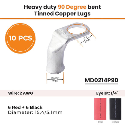 2 AWG 1/4" Stud - 90 Degree Bent Battery Lugs - 10pcs - Ring Terminal Connectors with 12pcs 3:1 Black & Red 5/8" Heat Shrink Tubing - Heavy Duty Battery Cable Ends - Tinned Copper Wire Connector Kit