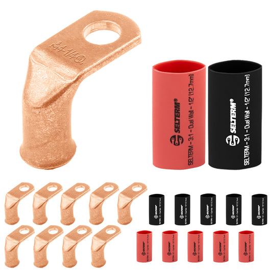 4 AWG 1/4" Stud - 90 Degree Bent Battery Lugs - 10pcs - Ring Terminal Connectors with 12pcs 3:1 Black & Red 1/2" Heat Shrink Tubing - Heavy Duty Battery Cable Ends - Bare Copper Wire Connectors Kit
