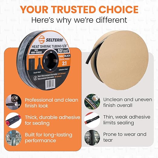 SELTERM 5/8" Black [50 Feet] Marine Grade Heat Shrink Tubing Roll, 3:1 Ratio Dual Wall Adhesive Lined Waterproof Heat Shrink Wrap Tube, for Battery Cable Lugs Wire Terminals Connectors