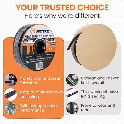 SELTERM 5/8" Black [50 Feet] Marine Grade Heat Shrink Tubing Roll, 3:1 Ratio Dual Wall Adhesive Lined Waterproof Heat Shrink Wrap Tube, for Battery Cable Lugs Wire Terminals Connectors
