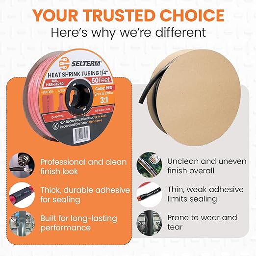 SELTERM 1/4" Red [50 Feet] Marine Grade Heat Shrink Tubing Roll, 3:1 Ratio Dual Wall Adhesive Lined Waterproof Heat Shrink Wrap Tube, for Battery Cable Lugs Wire Terminals Connectors
