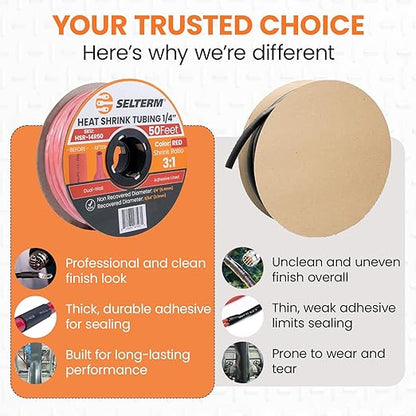 SELTERM 1/4" Red [50 Feet] Marine Grade Heat Shrink Tubing Roll, 3:1 Ratio Dual Wall Adhesive Lined Waterproof Heat Shrink Wrap Tube, for Battery Cable Lugs Wire Terminals Connectors
