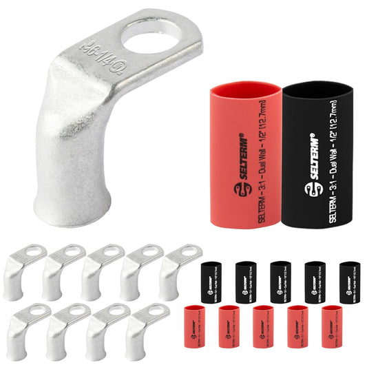6 AWG 1/4" Stud - 90 Degree Bent Battery Lugs - 10pcs - Ring Terminal Connectors with 12pcs 3:1 Black & Red 1/2" Heat Shrink Tubing | Heavy Duty Battery Cable Ends - Tinned Copper Wire Connector Kit
