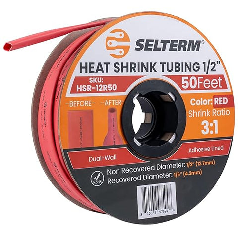 SELTERM 1/2" Red [50 Feet] Marine Grade Heat Shrink Tubing Roll, 3:1 Ratio Dual Wall Adhesive Lined Waterproof Heat Shrink Wrap Tube, for Battery Cable Lugs Wire Terminals Connectors