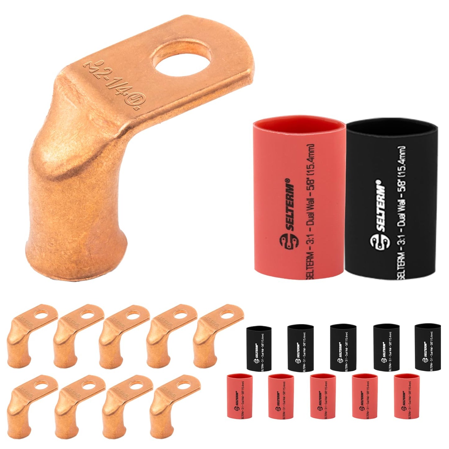 2 AWG 1/4" Stud - 90 Degree Bent Battery Lugs - 10pcs - Ring Terminal Connectors with 12pcs 3:1 Black & Red 5/8" Heat Shrink Tubing - Heavy Duty Battery Cable Ends - Bare Copper Wire Connectors Kit