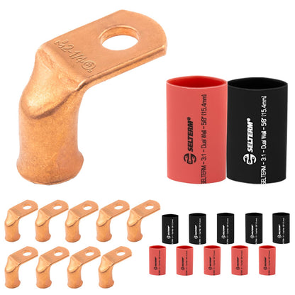 2 AWG 1/4" Stud - 90 Degree Bent Battery Lugs - 10pcs - Ring Terminal Connectors with 12pcs 3:1 Black & Red 5/8" Heat Shrink Tubing - Heavy Duty Battery Cable Ends - Bare Copper Wire Connectors Kit