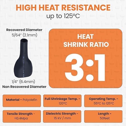 SELTERM 1/4" Black [50 Feet] Marine Grade Heat Shrink Tubing Roll, 3:1 Ratio Dual Wall Adhesive Lined Waterproof Heat Shrink Wrap Tube, for Battery Cable Lugs Wire Terminals Connectors