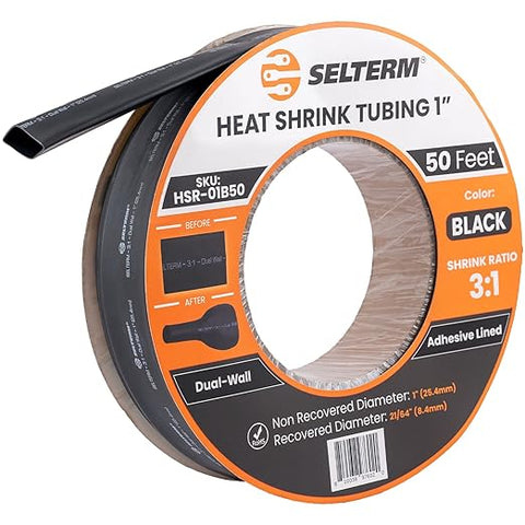 SELTERM 1" Black [50 Feet] Marine Grade Heat Shrink Tubing Roll, 3:1 Ratio Dual Wall Adhesive Lined Waterproof Heat Shrink Wrap Tube, for Battery Cable Lugs Wire Terminals Connectors