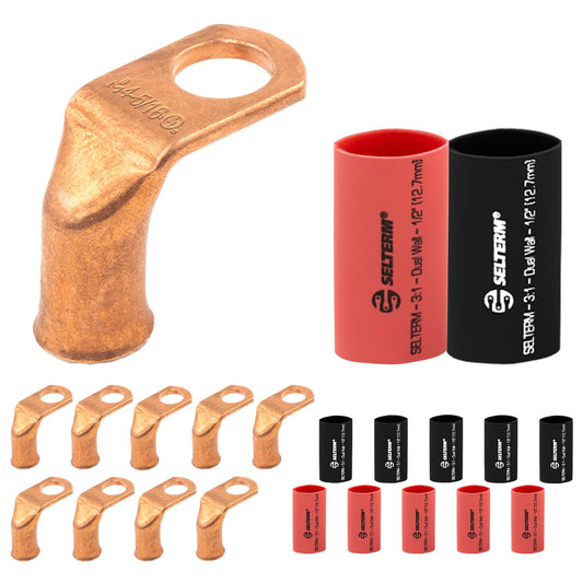 4 AWG 5/16" Stud - 90 Degree Bent Battery Lugs - 10pcs - Ring Terminal Connectors with 12pcs 3:1 Black & Red 1/2" Heat Shrink Tubing - Heavy Duty Battery Cable Ends - Bare Copper Wire Connectors Kit