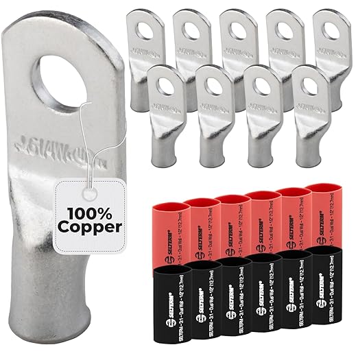 6 AWG (6 Gauge) 1/4" Stud, (Wide Pad) Tinned Copper Battery Cable Ends, Wire Lugs, Marine Grade, MD0614PW