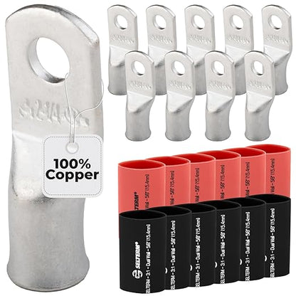2 AWG (2 Gauge) 1/4" Stud, Tinned Copper Battery Cable Ends, Wire Lugs, Marine Grade, MD0214P