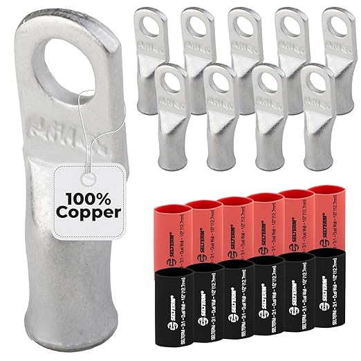 6 AWG (6 Gauge) 1/4" Stud, Tinned Copper Battery Cable Ends, Wire Lugs, Marine Grade, MD0614P