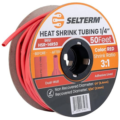 SELTERM 1/4" Red [50 Feet] Marine Grade Heat Shrink Tubing Roll, 3:1 Ratio Dual Wall Adhesive Lined Waterproof Heat Shrink Wrap Tube, for Battery Cable Lugs Wire Terminals Connectors