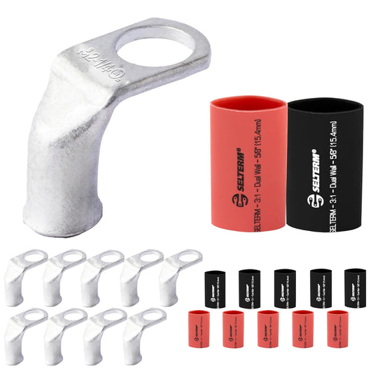 2 AWG 1/4" Stud - 90° Bent Battery Lugs - 10pcs - Ring Terminal Connectors with 12pcs 3:1 Black & Red 5/8" Heat Shrink Tubing - Heavy Duty Battery Cable Ends - Tinned Copper Wire Connector Kit