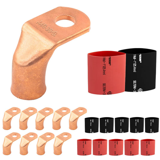 4/0 AWG 3/8" Stud - 90° Bent Battery Lugs - 10pcs - Ring Terminal Connectors with 12pcs 3:1 Black & Red 1" Heat Shrink Tubing - Heavy Duty Battery Cable Ends - Bare Copper Wire Connectors Kit