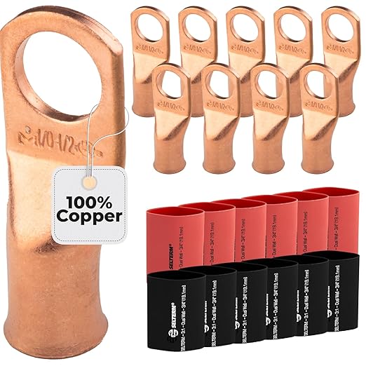 1/0 AWG (0 Gauge) 1/2" Stud, Bare Copper Battery Cable Ends, Wire Lugs, Heavy Duty, MD1012U