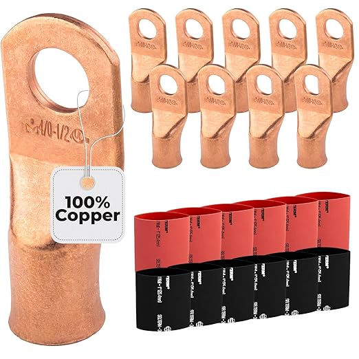 4/0 AWG (0000 Gauge) 1/2" Stud, Bare Copper Battery Cable Ends, Wire Lugs, Heavy Duty, MD4012U