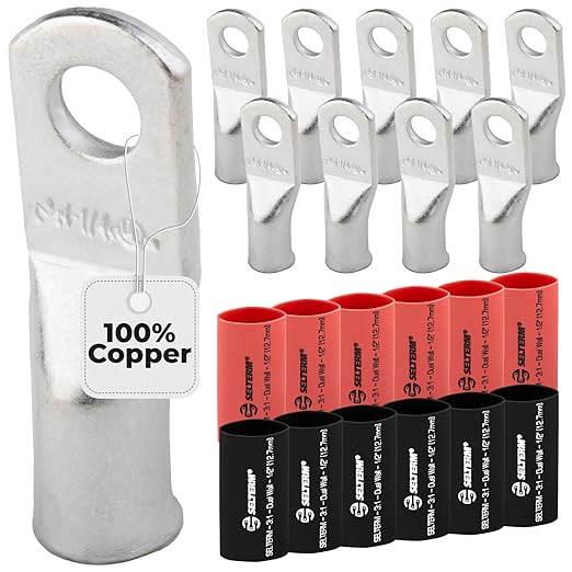 4 AWG (4 Gauge) 1/4" Stud, Tinned Copper Battery Cable Ends, Wire Lugs, Marine Grade, MD0414P