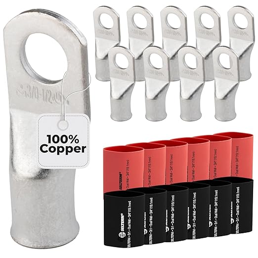3/0 AWG (000 Gauge) 1/2" Stud, Tinned Copper Battery Cable Ends, Wire Lugs, Marine Grade, MD3012P