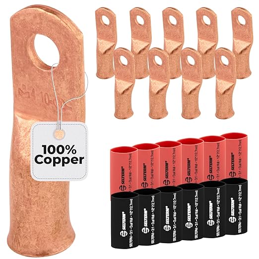 4 AWG (4 Gauge) #10 Stud, Bare Copper Battery Cable Ends, Wire Lugs, Heavy Duty, MD0410U