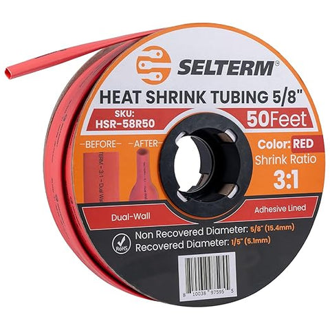 SELTERM 5/8" Red [50 Feet] Marine Grade Heat Shrink Tubing Roll, 3:1 Ratio Dual Wall Adhesive Lined Waterproof Heat Shrink Wrap Tube, for Battery Cable Lugs Wire Terminals Connectors